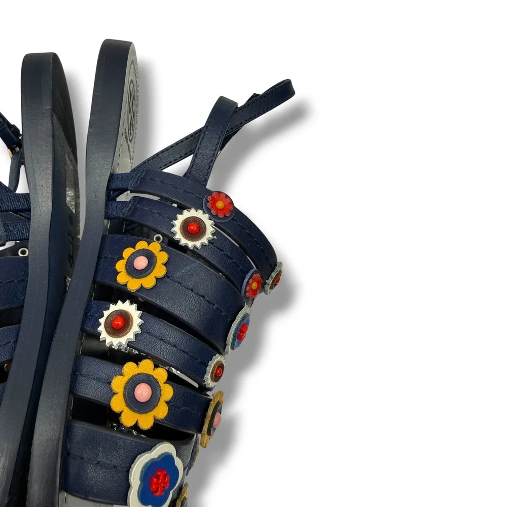 Tory Burch Marguerite Sandals 8 Navy Leather Floral Summer Casual‎ Boho